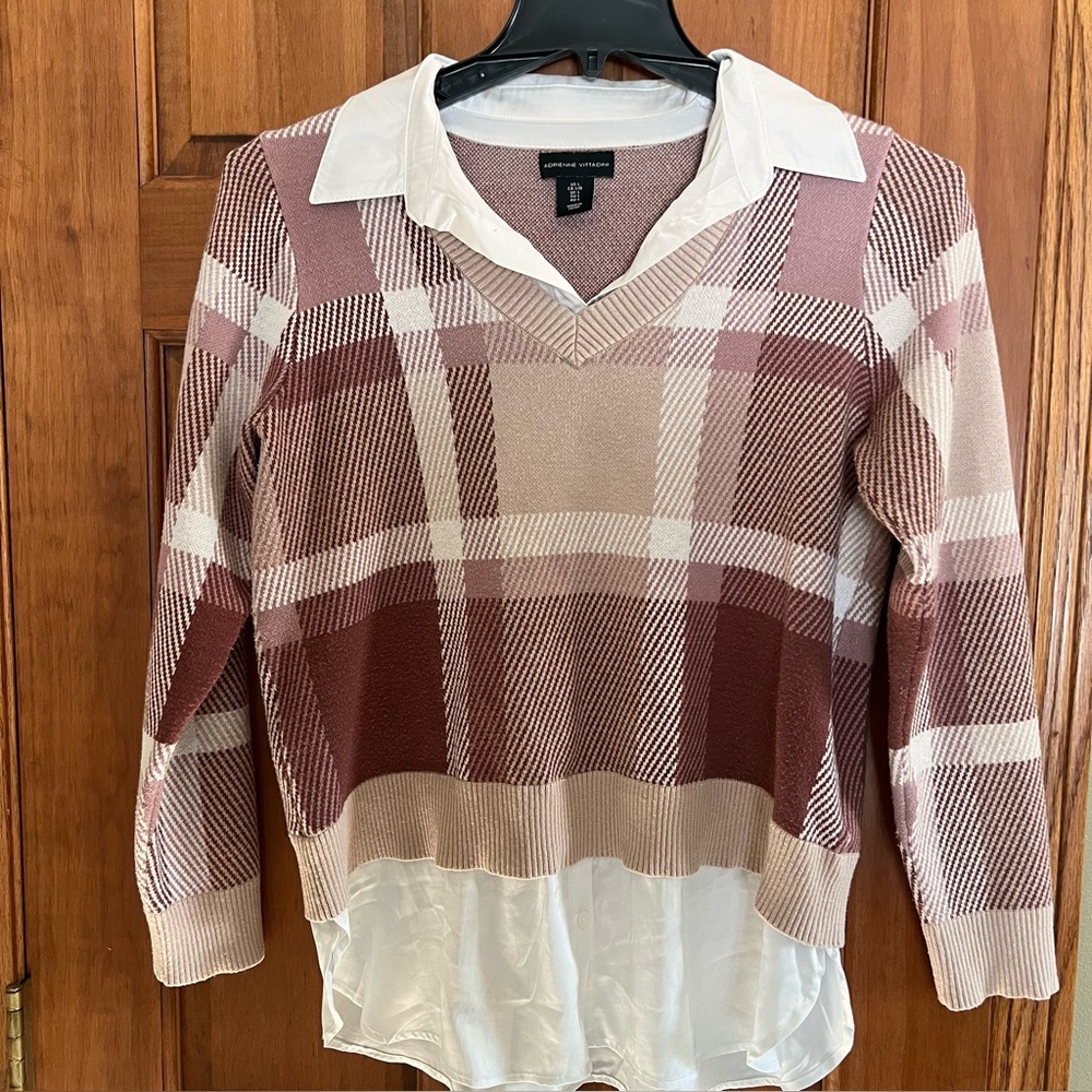 Adrienne Vittadini Burgundy, Tan & White Sweater with Cream Built in Collar-L